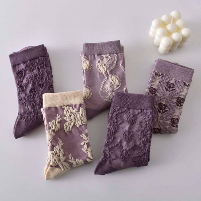 New Year Sale 50%OFF-5 Pairs Women's Purple Vintage Floral Cotton Socks