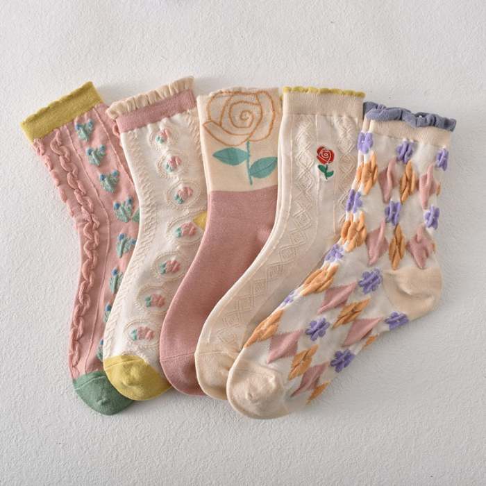 New Year Sale 50%OFF-5 pairs of women's pink floral cotton socks