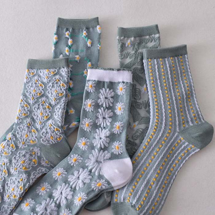 New Year Sale 50%OFF-5 Pairs Women's Blue Elegant Embossed Floral Cotton Socks