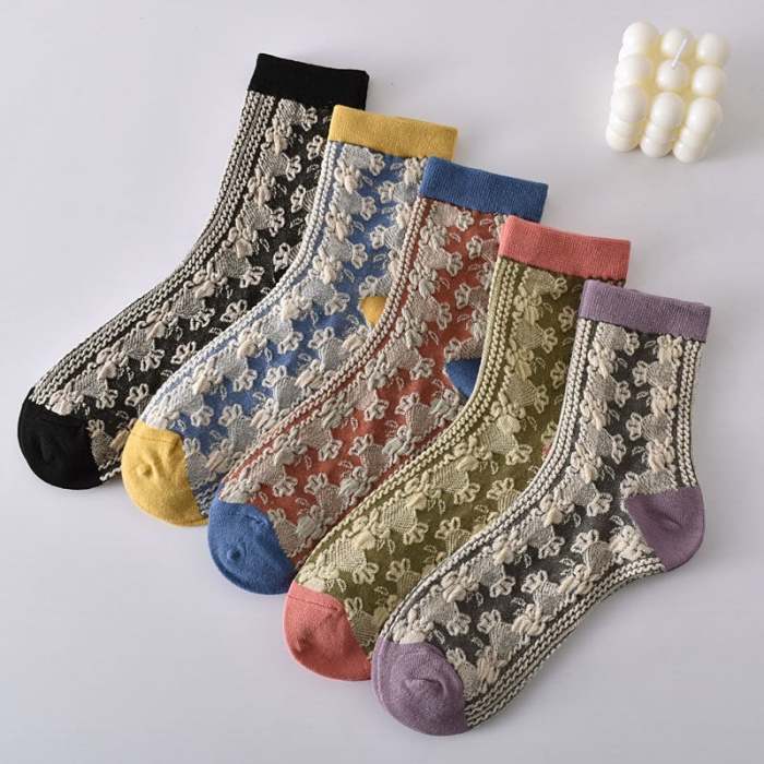 New Year Sale  50%OFF-5 Pairs Women's Vintage Embossed Cotton Socks