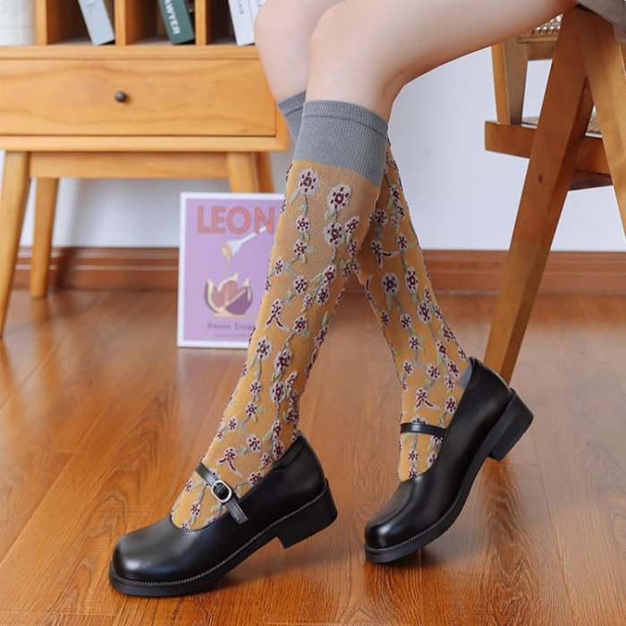 New Year Sale 50%OFF-4 Pairs Womens Floral Long Cotton Socks
