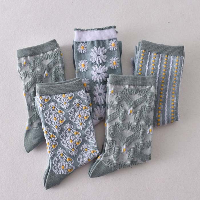 New Year Sale 50%OFF-5 Pairs Women's Blue Elegant Embossed Floral Cotton Socks