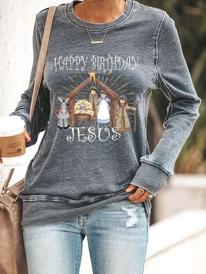 Women's Happy Birthday Jesus Print Casual Sweatshirt