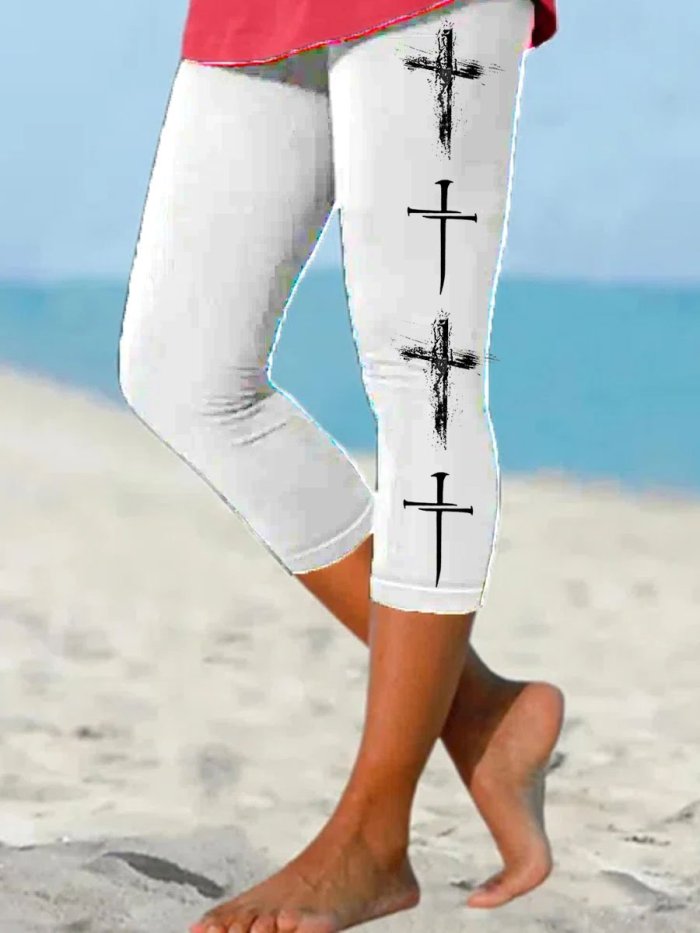 Women's Faith Cross Print Cropped Yoga Leggings
