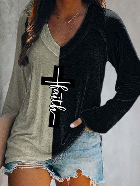 Women's Faith Cross Print Casual Long-Sleeve T-Shirt