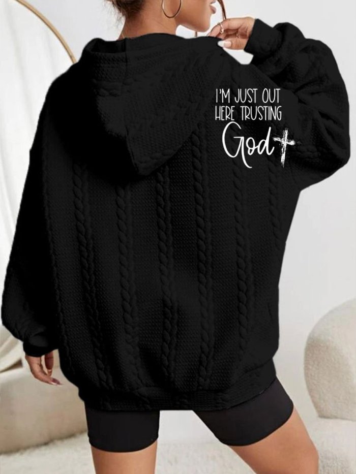 Women's Faith I'm Just Out Here Trusting God Cross Print Cable Hoodie