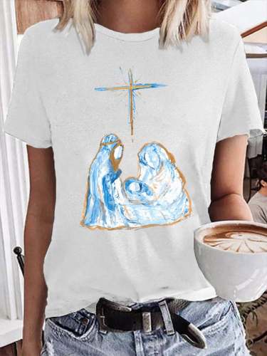 Women's THE TRUE STORY Nativity  Print U Neck T-shirt