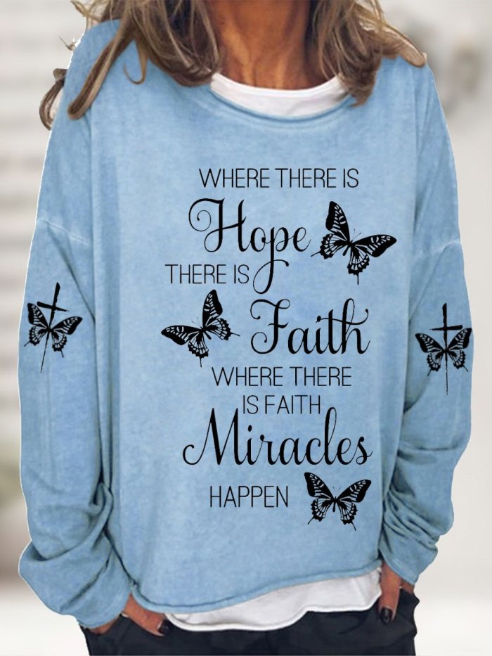 Women's Faith Hope Miracles Cross Butterfly Print Top