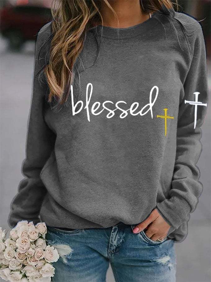 Women's Faith Blessed Cross Print Sweatshirt