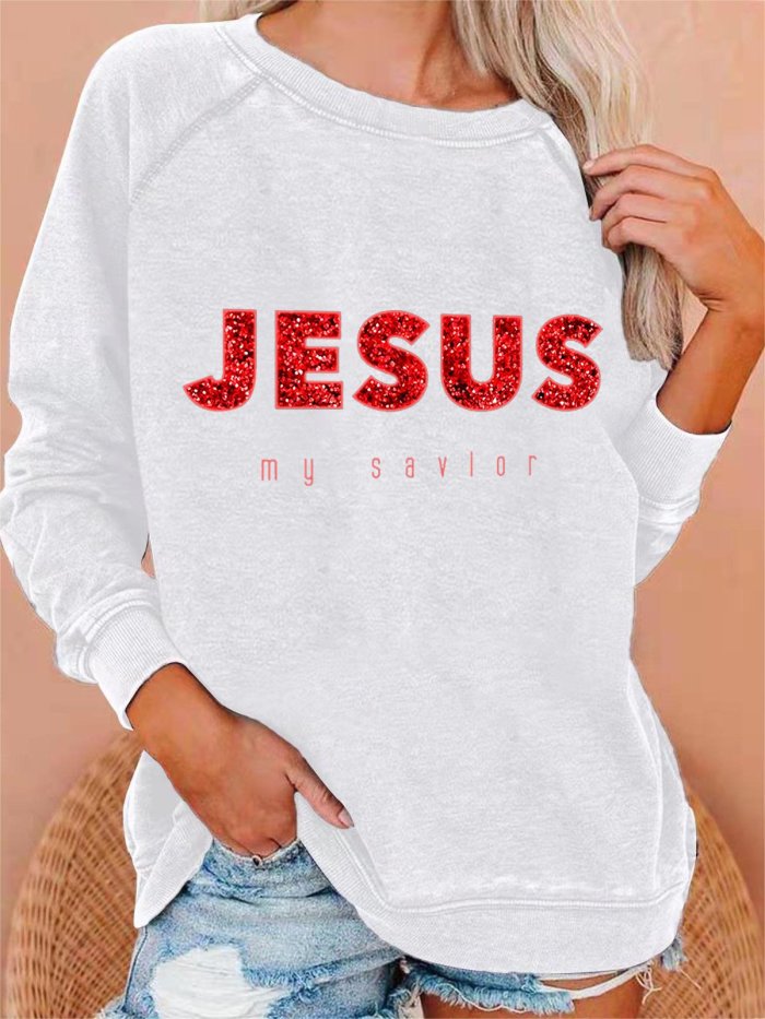 Women's Jesus Is My Savior Print Casual Crew Neck Sweatshirt