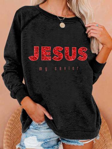 Women's Jesus Is My Savior Print Casual Crew Neck Sweatshirt