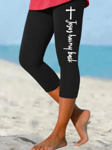 Women's Faith Jesus Has My Back Cross Print Cropped Yoga Leggings