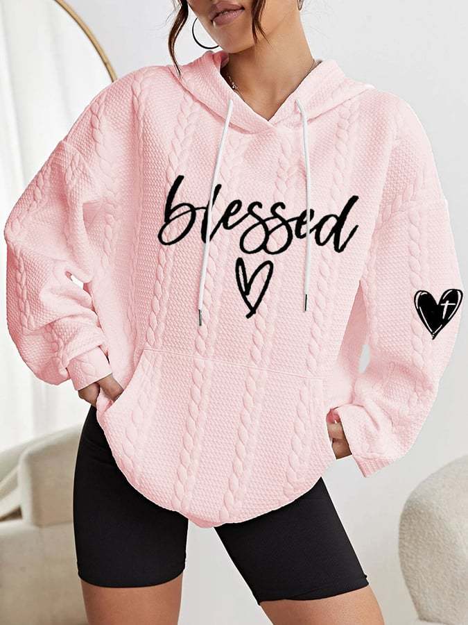 Women's Blessed Love Cross Printed Casual Cable Hoodie