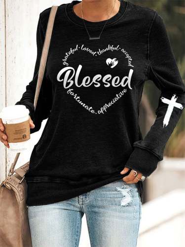 Women's Faith Grateful Thankful Blessed Cross Printed Sweatshirt