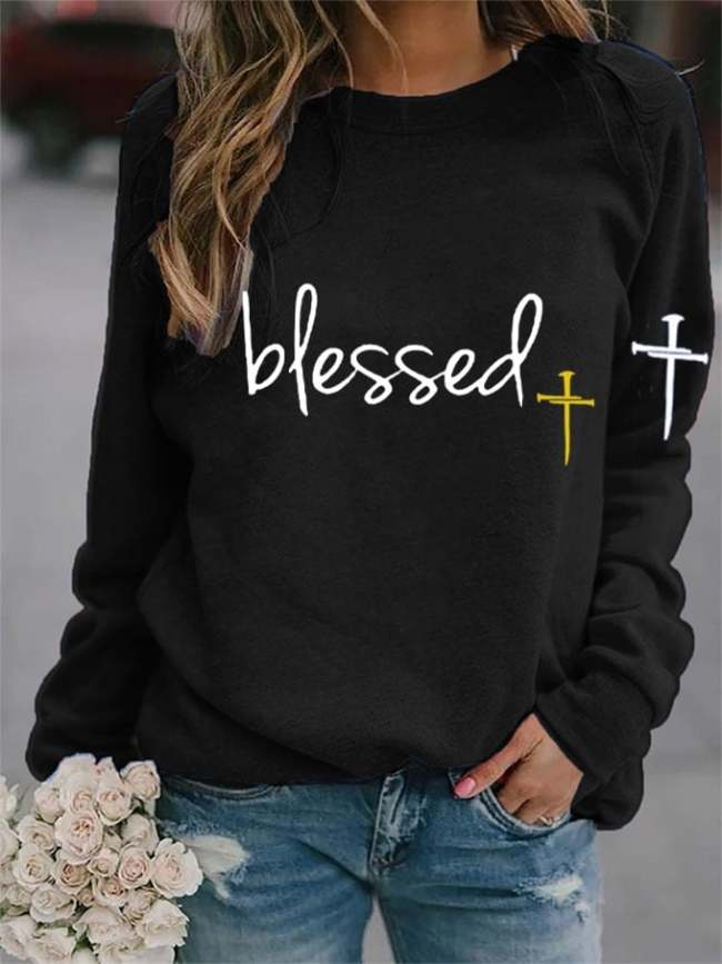 Women's Faith Blessed Cross Print Sweatshirt