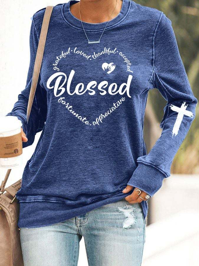 Women's Faith Grateful Thankful Blessed Cross Printed Sweatshirt
