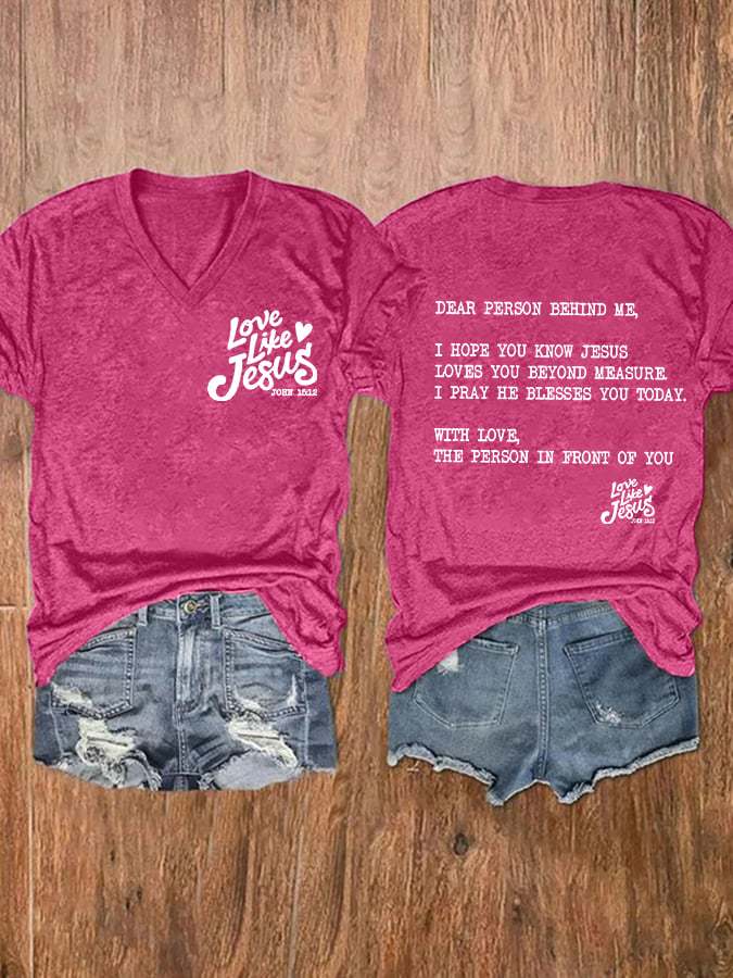 Women's Love Like Jesus Print V-Neck Casual T-Shirt