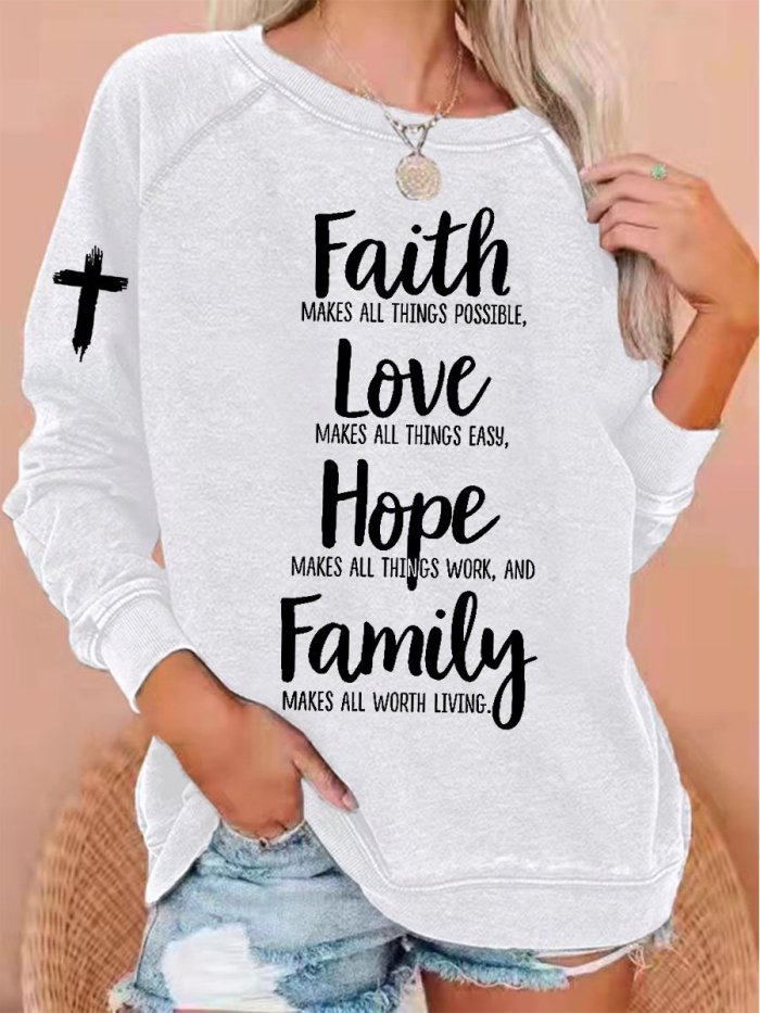 Women's Faith Love Hope Family Cross Print Sweatshirt