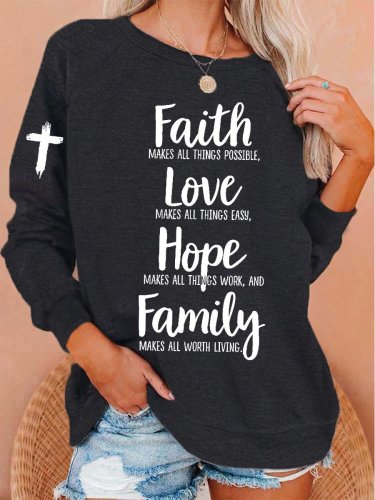 Women's Faith Love Hope Family Cross Print Sweatshirt