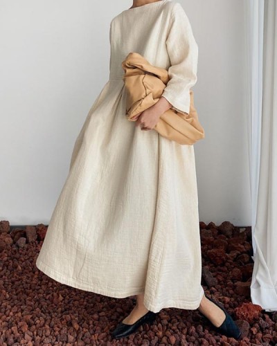 Elegant Round Neck Loose Cotton Linen Dress