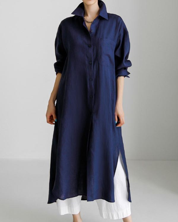 Casual Solid Color Shirt Cotton Linen Slit Dress