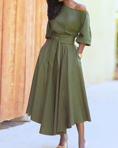 Temperament Solid Color Tie Waist Dress