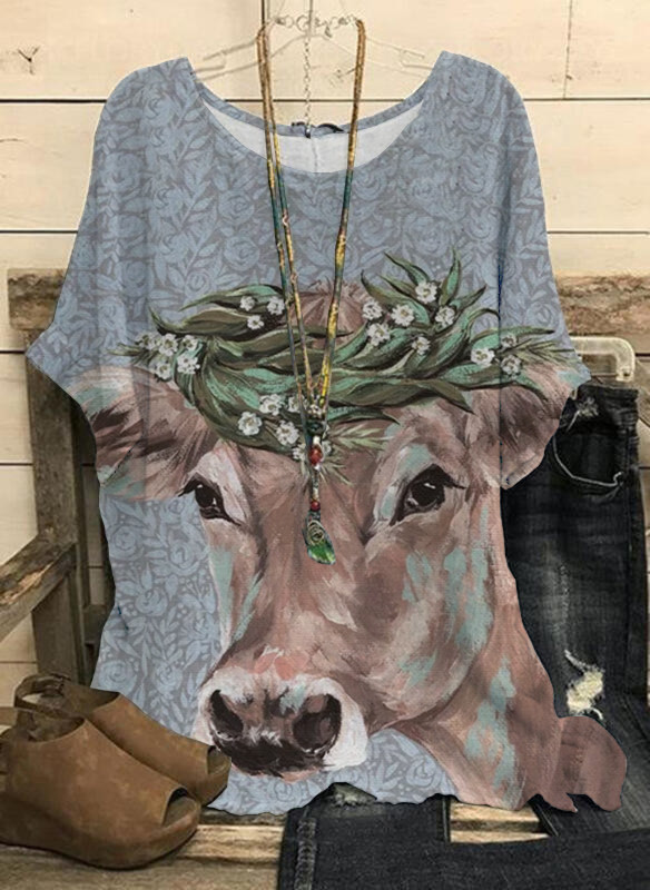 Women's Highland Cow Floral  Crew Neck Casual Print Top