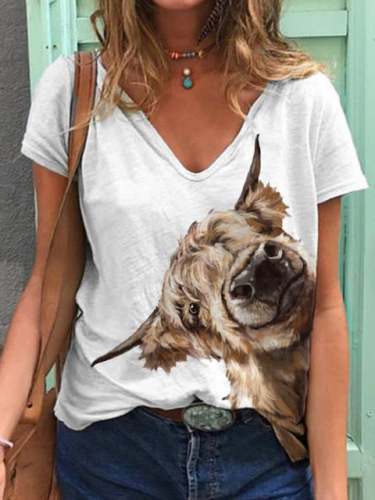 Women's Highland Cow Print Short Sleeve V-Neck T-Shirt