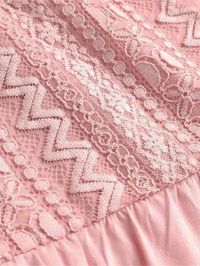 Women Long Sleeve Maxi Dress Cotton V-neck Crochet Lace Casual Loose Maxi Dress