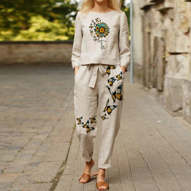 Women's Printed Top Tie Trousers Suit