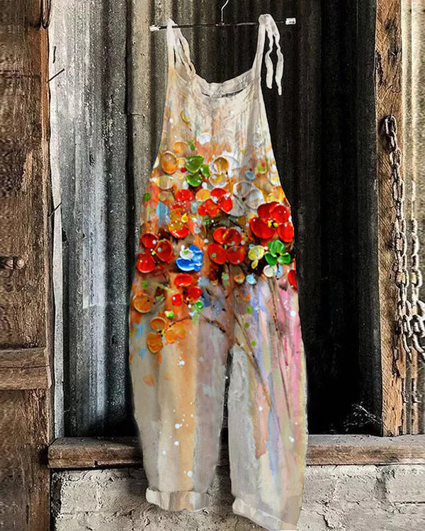 Casual Floral Oil Painting Art Colorful Jumpsuit