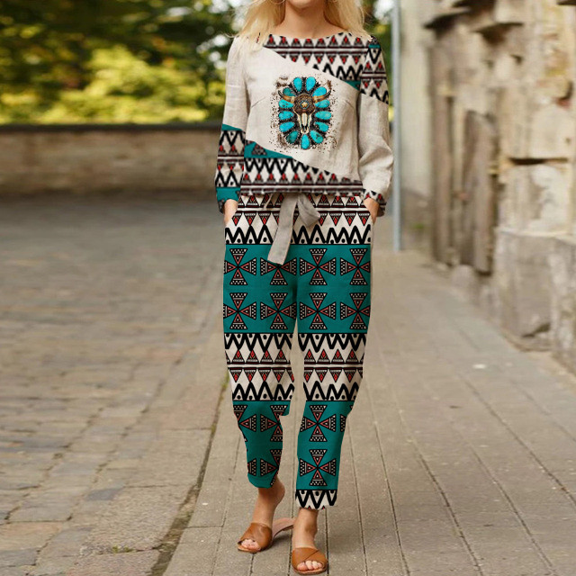 Women's Southwest Style Printed Top Tie Trousers Suit