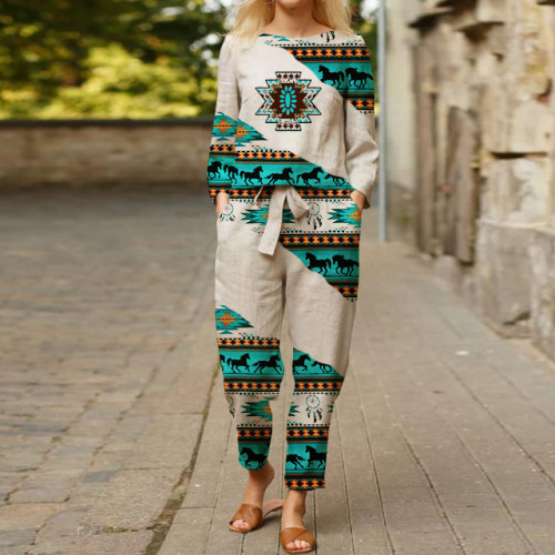 Women's Southwest Style Printed Top Tie Trousers Suit