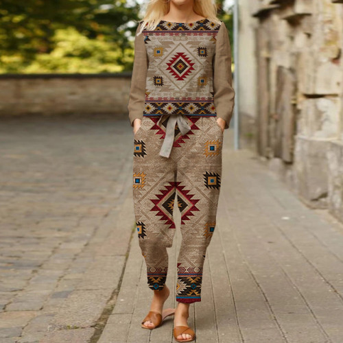 Women's Southwest Style Printed Top Tie Trousers Suit