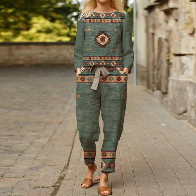 Women's Southwest Style Printed Top Tie Trousers Suit