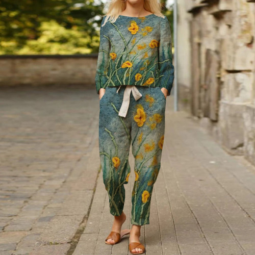 Women's Printed Top Tie Trousers Suit