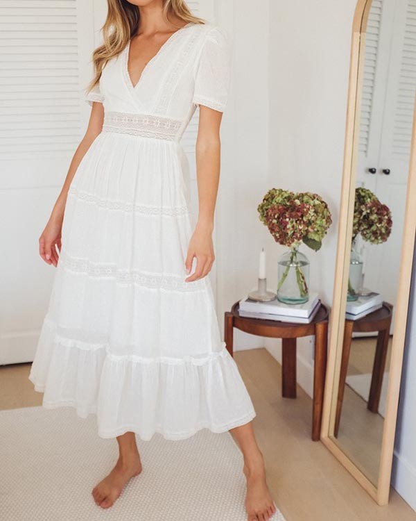 Elegant White Lace Layered Midi Dress
