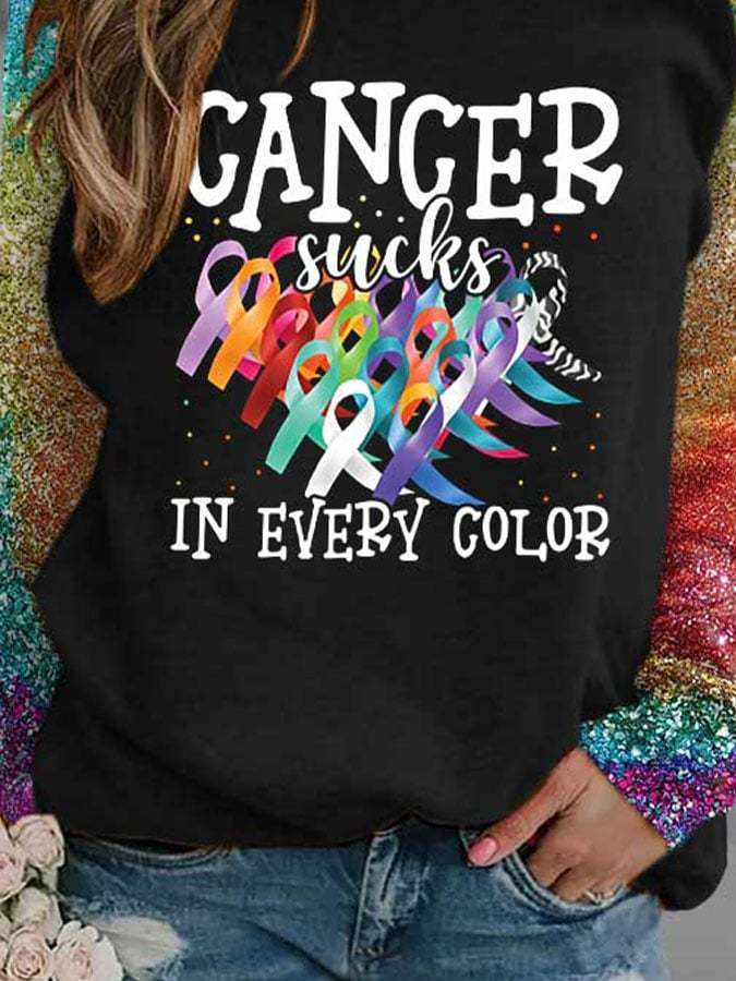 Cancer Awareness Cancer Sucks In Every Color Sequins Print Sweatshirt