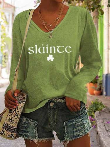 Women's Slainte St. Patrick's Day Print Casual Long Sleeve V-Neck T-Shirt