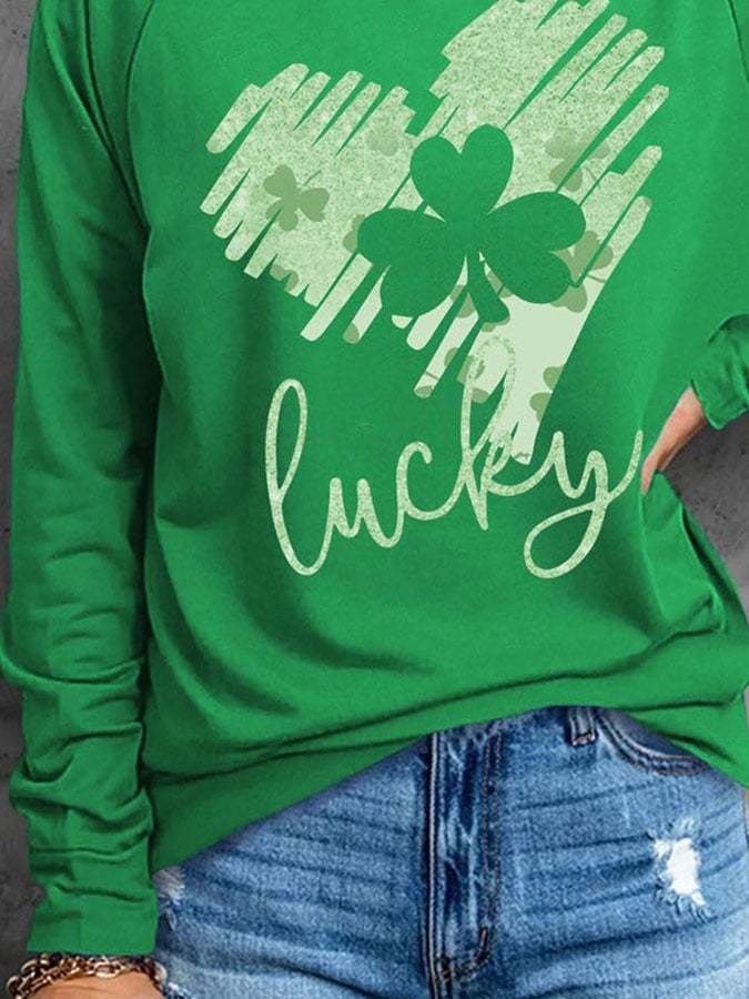 St. Patrick'S Day Lucky Clover Heart Print T-Shirt
