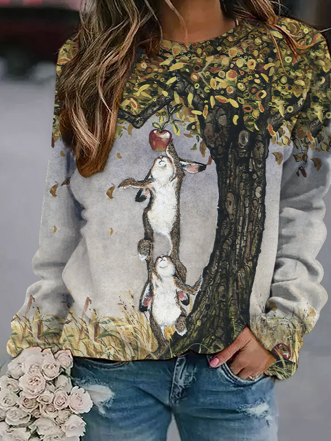 Women's Rabbit Print Round Neck Long Sleeve Sweatshirt