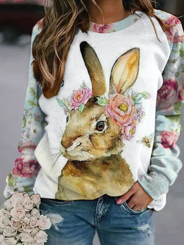 Women's Rabbit Print Round Neck Long Sleeve Sweatshirt
