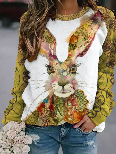 Women's Rabbit Print Round Neck Long Sleeve Sweatshirt