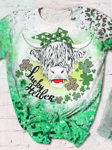 St. Patrick's Day Highland Cow Crew Neck Short Sleeve Top