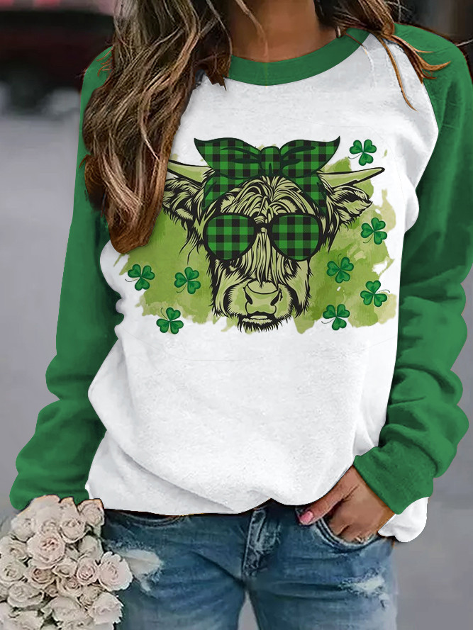 Women's St Patricks Highland Cow Round Neck Long Sleeve Sweatshirt