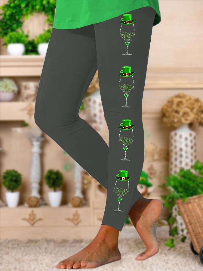 Women's St. Patrick's Day Glitter Wine Glass Print Stretch Leggings