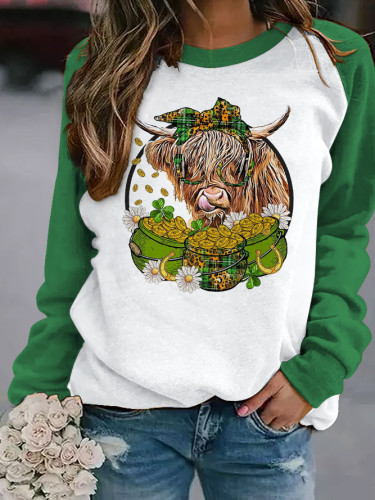 Women's St Patricks Day Highland Cow Round Neck Long Sleeve Sweatshirt