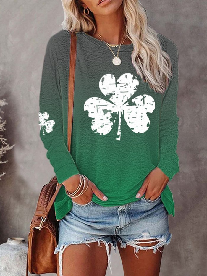 Women's Lucky Clover Print Casual Gradient Long-Sleeved T-Shirt