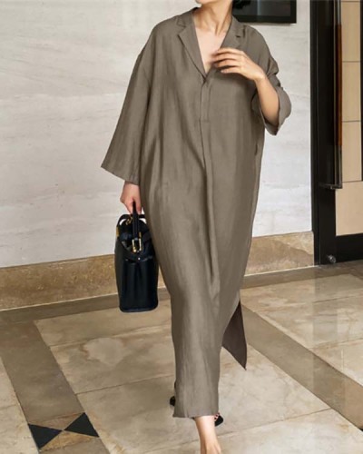 Casual Loose Solid Color Cotton Linen Shirt Dress