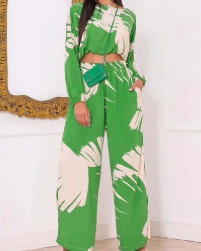 Casual Printed Short Round Neck Top High Waist Wide Leg Pants Two-Piece Set